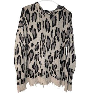 Fate Womens Large Leopard Print Knit Hoodie With Frayed Hem